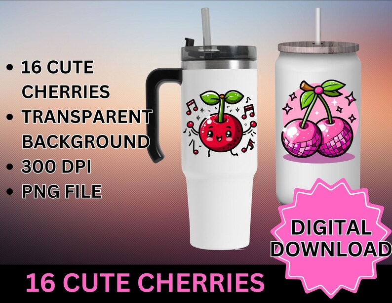 May include: Digital download of 16 cute cherry designs. The cherries are cartoon characters with smiling faces and are in various poses. The designs are perfect for sublimation on tumblers, mugs, and other items.
