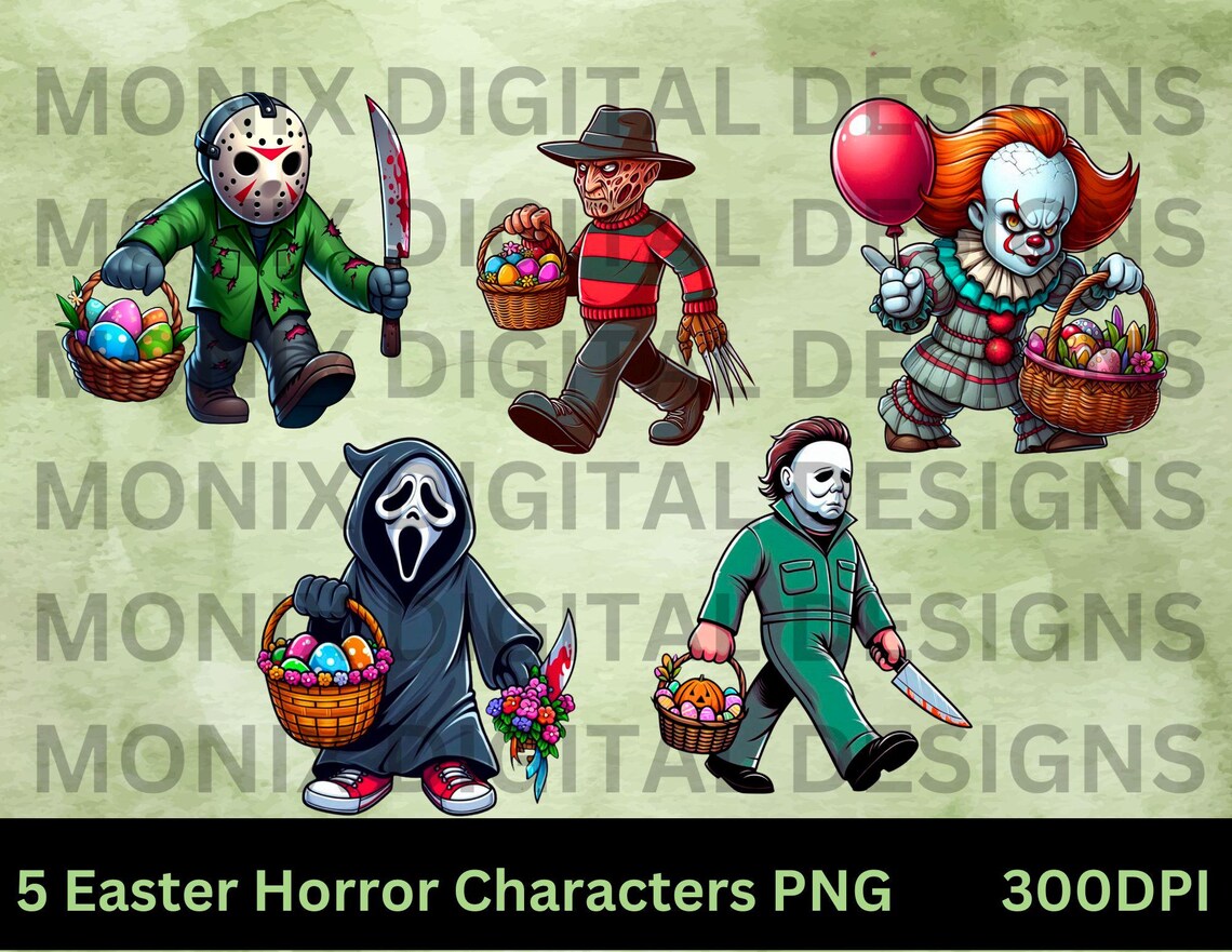 5 Horror Movie Easter Day PNG Bundle, Retro Easter Day Png, Killer ...
