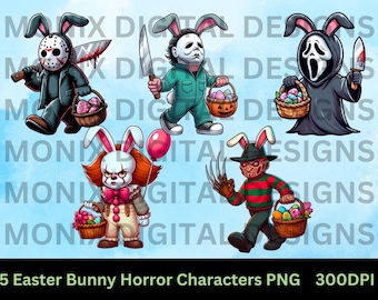 5 Horror Movie Easter Day PNG Bundle, Retro Easter Day Png, Killer Horror, Scary Movie Character PNG, Chibi horror, 300DPI, Easter Bunny