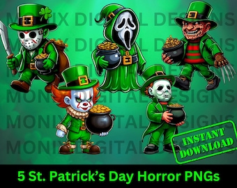 Paquete de 5 PNG de películas de terror del Día de San Patricio, PNG retro del Día de San Patricio, Horror asesino, Personaje de película de miedo PNG, Horror chibi, 300 DPI