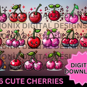 May include: 16 cute cartoon cherries with disco ball designs. Each cherry has a smiling face and is decorated with pink and red glitter. The cherries are arranged in rows and are set against a pink and orange gradient background. The text "16 CUTE CHERRIES" is at the bottom of the image. The text "DIGITAL DOWNLOAD" is in a pink starburst shape at the bottom right of the image.
