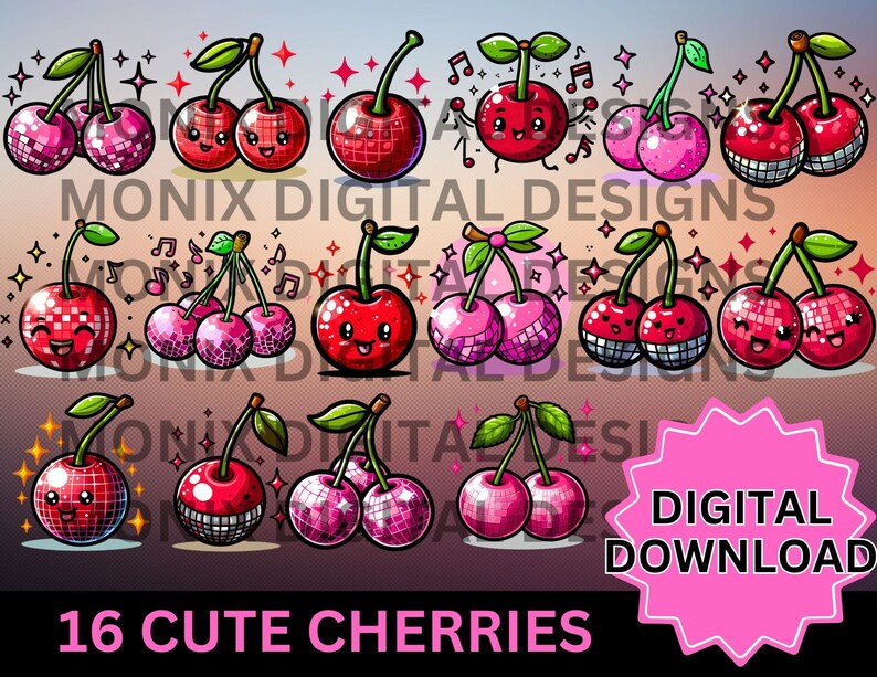 May include: 16 cute cartoon cherries with disco ball designs. Each cherry has a smiling face and is decorated with pink and red glitter. The cherries are arranged in rows and are set against a pink and orange gradient background. The text "16 CUTE CHERRIES" is at the bottom of the image. The text "DIGITAL DOWNLOAD" is in a pink starburst shape at the bottom right of the image.