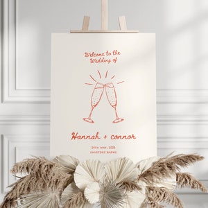 Geïllustreerde bruiloft welkomstbord sjabloon Cheers, champagne handgetekende bruiloft handgeschreven bewerkbare unieke bruiloft decor Canva sjabloon 004