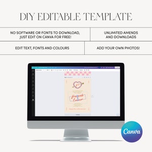 May include: A computer screen displaying a pink and white wedding invitation template on Canva. The template features a heart with the initials "H.C" and the text "Hannah Conner" in a red box. The text "DIY Editable Template" is at the top of the image.