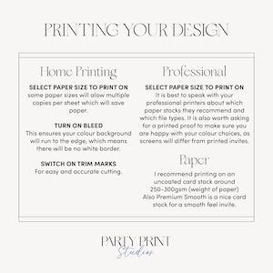May include: A guide to printing your design at home or professionally. It includes tips on selecting paper size, turning on bleed, and using trim marks. It also recommends using uncoated card stock around 250-300gsm for professional printing.