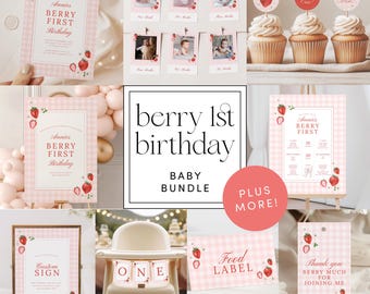Paquete para primer cumpleaños con temática de bayas, decoración de cuadros vichy rosa fresa (editable e imprimible)