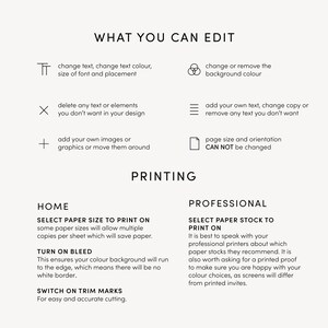 Puede incluir: Un gr&aacute;fico con instrucciones sobre c&oacute;mo editar e imprimir un dise&ntilde;o. El gr&aacute;fico incluye iconos y texto que explican c&oacute;mo cambiar el texto, los colores y el fondo, agregar im&aacute;genes y seleccionar el tama&ntilde;o y el tipo de papel. El texto "WHAT YOU CAN EDIT" y "PRINTING" est&aacute; incluido en el gr&aacute;fico.