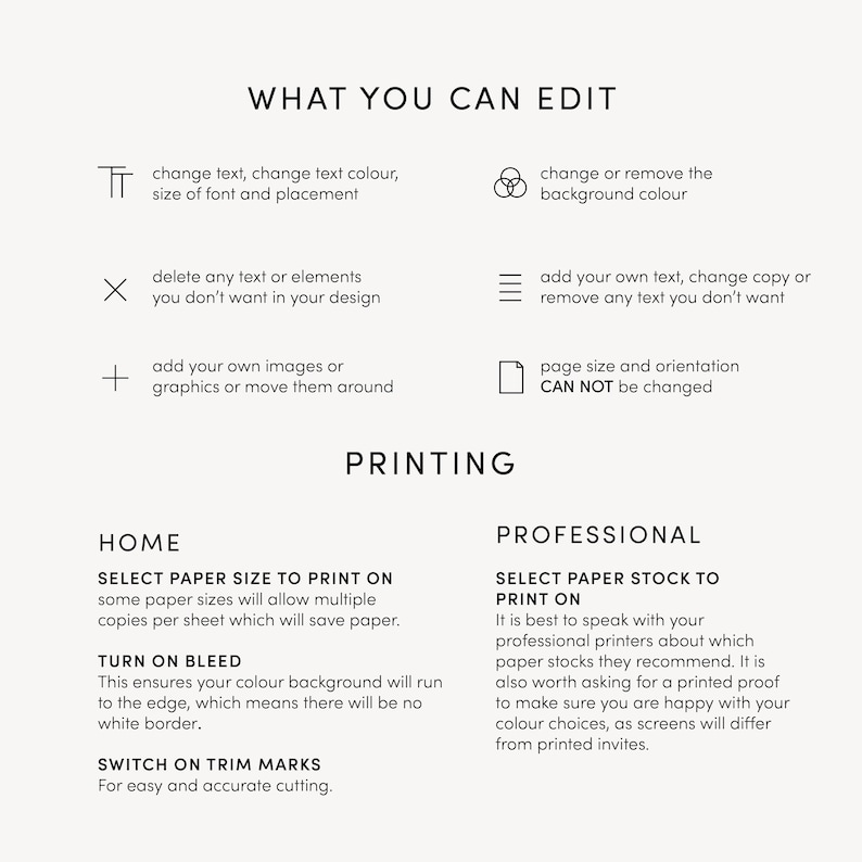 Puede incluir: Un gr&aacute;fico con instrucciones sobre c&oacute;mo editar e imprimir un dise&ntilde;o. El gr&aacute;fico incluye iconos y texto que explican c&oacute;mo cambiar el texto, los colores y el fondo, agregar im&aacute;genes y seleccionar el tama&ntilde;o y el tipo de papel. El texto "WHAT YOU CAN EDIT" y "PRINTING" est&aacute; incluido en el gr&aacute;fico.