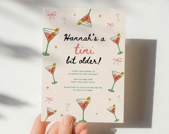 Editable Martini Birthday Party Invite, Tini Bit Older Invitation, Coquette aesthetic, Birthday Brunch, Fun Unique Retro Birthday Template