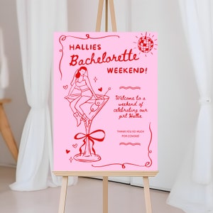 Bachelorette Wochenende Willkommensschild, Handgezeichneter Martini-Cocktail, Gekritzelhochzeit, Junggesellinnenabschied Willkommensstaffelei, Partydekor, bearbeitbare Vorlage