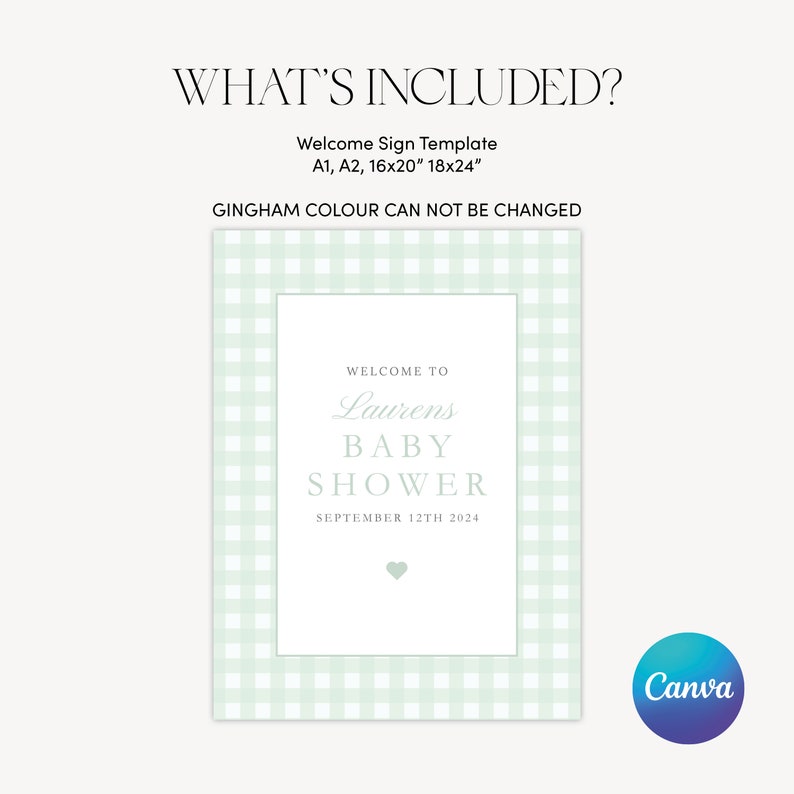 Puede incluir: Una plantilla de cartel de bienvenida imprimible para un baby shower. El cartel presenta un patr&oacute;n de cuadros vichy verde y blanco con el texto "Bienvenido a Laurens Baby Shower Septiembre 12th 2024".