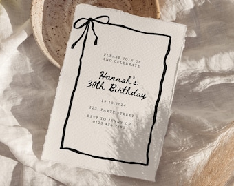Editable 30th Birthday Invite, Modern 21st Birthday Invite, Ribbon Bow Invitation, Ballet core, Coquette Invitation, Minimal Canva Template
