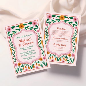 Watercolour Wedding Template Suite, Colourful Handwritten Illustrated Wedding Bespoke Whimsical Invite Design Hand Illustrated for Canva 009