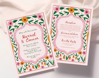 May include: A pink and green floral wedding invitation with a white border. The invitation features the names Harriet and Connor, the date October 11, 2025, and the location Shustoke Barn, Warwickshire, W12 5LD. The invitation also includes the text "Dancing and dinner to follow".