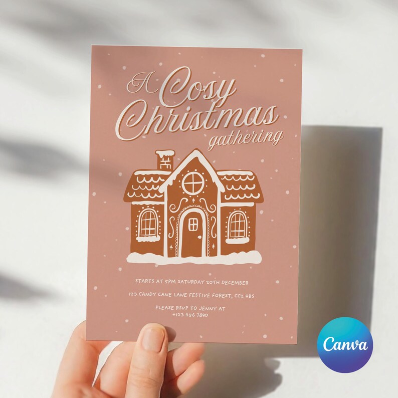 May include: A pink invitation card with the text "A Cosy Christmas gathering" and a gingerbread house illustration. The card includes event details and a Canva logo. The design features a festive theme with a touch of winter.