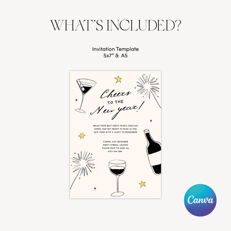 May include: A New Year's Eve party invitation template with a pink background and black and white illustrations of champagne flutes, a wine glass, a bottle of wine, and fireworks. The text reads "Cheers to the New Year!" and includes details about the party date, time, and location.