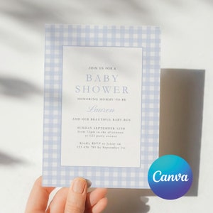 May include: A blue and white gingham baby shower invitation with the text "Join us for a Baby Shower honoring Mommy-to-be Lauren and her beautiful baby boy. Sunday September 12th from 12pm in the afternoon at 123 party avenue. Kindly RSVP to Jenny on 123 456 789 by September 1st."