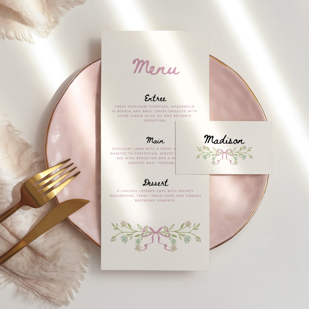 Menu and Place Card Template Handwritten Illustrated, Floral Elegant ...