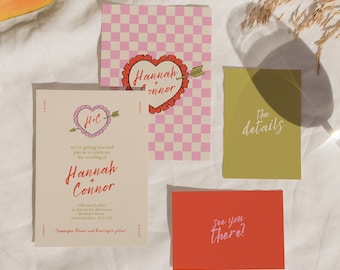 Plantilla de boda ilustrada con forma de corazón, diseño de invitación retro único y editable, descarga digital en tablero de ajedrez 003
