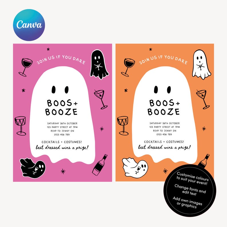 Editable Halloween Invitation Template Boos and Booze, Cute Fun Ghost ...