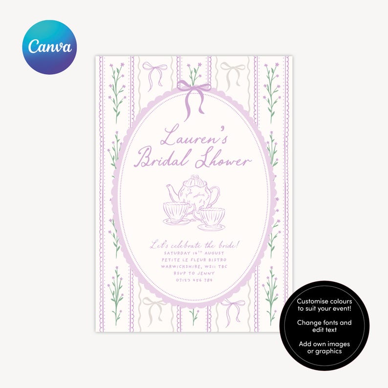May include: A bridal shower invitation with a light purple and white design. The invitation features the text "Lauren's Bridal Shower" inside an oval frame, along with a teapot and teacup illustration. The invitation also includes event details.