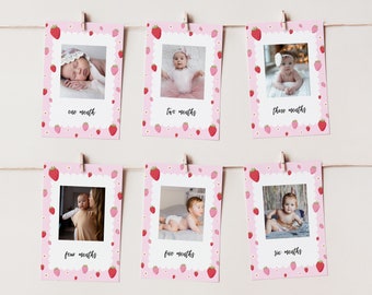 Berry First Birthday Photo Banner, Babies first year in photos, Berry First Birthday Editable Timeline Template, Pink 1st Birthday Banner