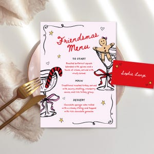 Friendsmas kerstdinermenu en plaatskaartsjabloon met de hand geïllustreerd, krabbelmenu grillige handgetekende feestelijke cocktail kerstmenu