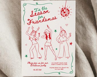 Friendsmas Christmas Party Invitation Template Whimsical Hand Drawn Festive Cute Cocktail Xmas Holiday Invite Digital Canva Template CH4