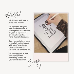 May include: A digital illustration of two figures embracing, created on a tablet with a stylus. The image is in black and white, with the word "Hello!" and text introducing the artist, Sami, and her graphic design studio, Party Print Studios.