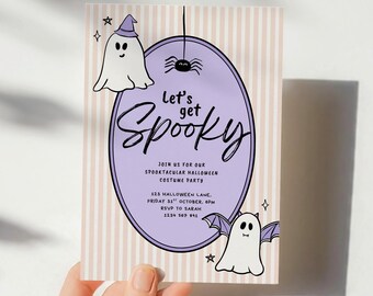 May include: A Halloween party invitation with a light purple oval in the center that says "Let's get Spooky". The invitation has a vertical striped background and features ghost and spider illustrations. The text includes party details.