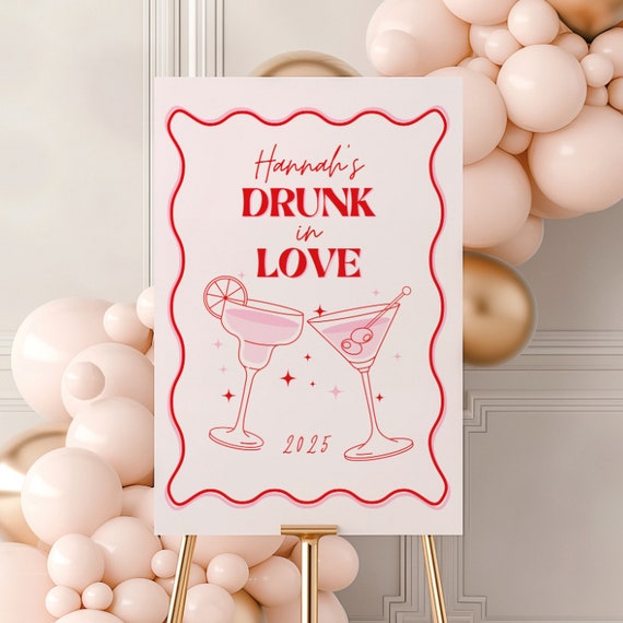 Drunk in Love Bachelorette Party Sign, Margarita and Martini Cocktail Party, Groovy Pink Wavy Hens Welcome Easel, Editable Canva Template