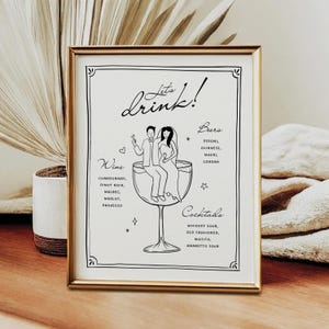 Modelo de menu de bar, menu de bar editável para casamento, placa de menu de coquetéis desenhada à mão divertida e extravagante, download digital de menu de bebidas Canva Template 012