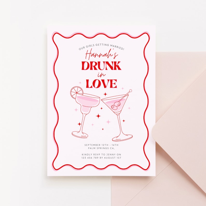 Drunk in Love Bachelorette Party Invite, Margarita and Martini Cocktail Invite, Groovy Pink Wavy Hens Party Invite, Editable Canva Template image 3