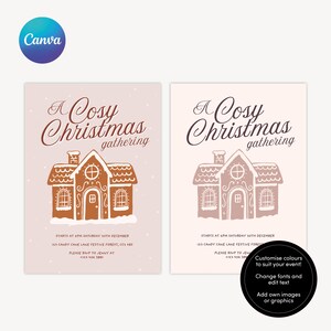 May include: Two Christmas gathering invitations with gingerbread house illustrations. The text reads "A Cosy Christmas gathering". The invitations are in shades of brown and pink, with the Canva logo in the upper left corner.