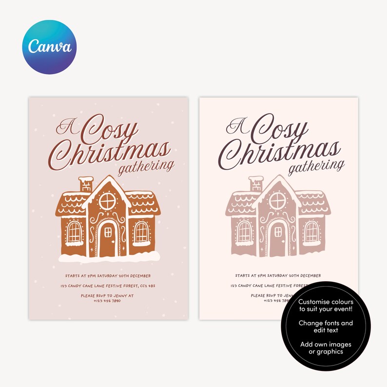 May include: Two Christmas gathering invitations with gingerbread house illustrations. The text reads "A Cosy Christmas gathering". The invitations are in shades of brown and pink, with the Canva logo in the upper left corner.