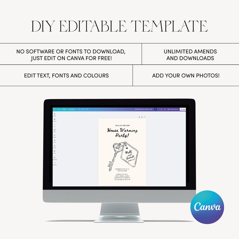 May include: A computer screen displaying a Canva template for a housewarming party invitation. The template features a black and white illustration of a key with a heart and a tag that says "Matt and Sarah". The text "House Warming Party!" is written in black cursive font.