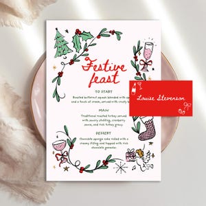 Szablon menu i karty miejsc na kolację wigilijną z ilustracją ręczną, menu z ilustracją Scribble, edytowalne menu świąteczne na przyjęcie świąteczne Canva
