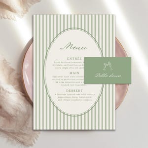 Szablon menu i karty miejsc w zielonym pasku, eleganckie klasyczne menu w stylu vintage, edytowalne karty nazw stołów, projekt menu, szablon Canva na wesele