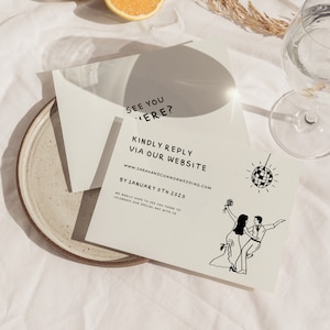 May include: A white RSVP card with black text that reads "See you there?"  "Kindly reply via our website"  "www.sarahandconnorwedding.com"  "By January 5th 2025"  "We really hope to see you there to celebrate our special day with us".  The card also features a black and white illustration of a couple dancing with a disco ball.