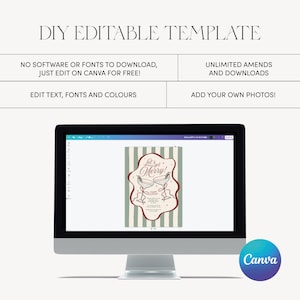May include: A computer monitor displays a DIY editable template with the text "Let's get Merry!" on a holiday-themed invitation. The template includes text fields and graphics, with the Canva logo in the corner.