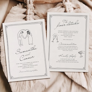 Illustrierte Hochzeitseinladung Hand gezeichnetes nettes Paar, bearbeitbare Hochzeitseinladung, einzigartiger Spaß handgeschriebener wunderlicher Hochzeitsweg Canva 012