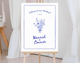 Handwritten Wedding Welcome Sign, Whimsical Hand Drawn Party Decor, Floral Scribble Illustration Style  Welcome Easel Editable Canva 011