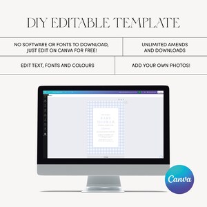 May include: A computer screen displaying a Canva design template for a baby shower invitation. The invitation features a blue and white gingham pattern and the text "Baby Shower".