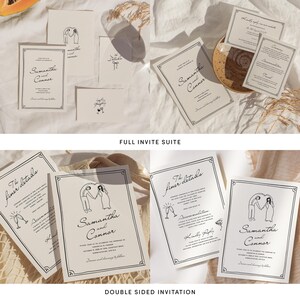 Puede incluir: Un conjunto de invitaciones de boda de doble cara con un dise&ntilde;o minimalista. La parte delantera presenta una ilustraci&oacute;n en blanco y negro de dos personas que se toman de la mano bajo un arco. El texto dice "Samantha y Connor". La parte trasera presenta una ilustraci&oacute;n en blanco y negro de dos copas de champ&aacute;n con el texto "The finer details".