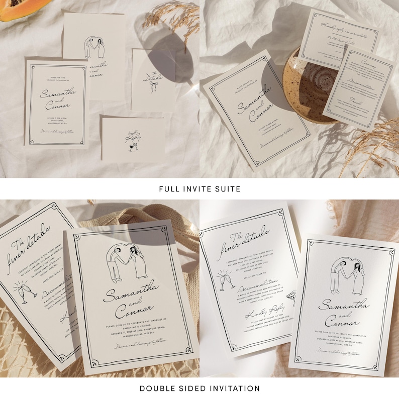 Puede incluir: Un conjunto de invitaciones de boda de doble cara con un dise&ntilde;o minimalista. La parte delantera presenta una ilustraci&oacute;n en blanco y negro de dos personas que se toman de la mano bajo un arco. El texto dice "Samantha y Connor". La parte trasera presenta una ilustraci&oacute;n en blanco y negro de dos copas de champ&aacute;n con el texto "The finer details".