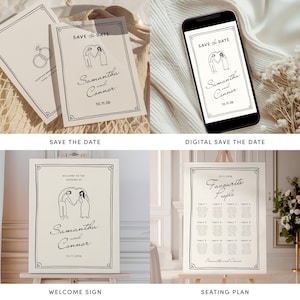 Puede incluir: Un conjunto de papeler&iacute;a de boda con una ilustraci&oacute;n en blanco y negro de una pareja. El conjunto incluye una tarjeta de guardar la fecha, una fecha de guardar digital, un cartel de bienvenida y un plano de asientos. El texto en la papeler&iacute;a dice "Samantha y Connor" y "10.11.26".