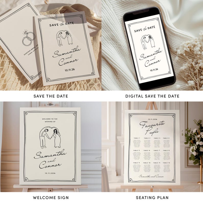Puede incluir: Un conjunto de papeler&iacute;a de boda con una ilustraci&oacute;n en blanco y negro de una pareja. El conjunto incluye una tarjeta de guardar la fecha, una fecha de guardar digital, un cartel de bienvenida y un plano de asientos. El texto en la papeler&iacute;a dice "Samantha y Connor" y "10.11.26".
