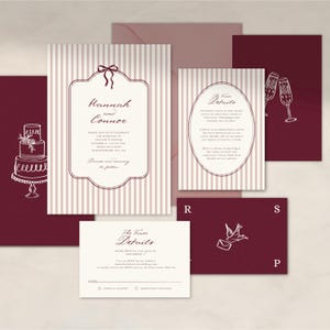 Pu&ograve; includere: Set di partecipazioni di nozze nei colori bordeaux e crema. Il set comprende un invito a righe verticali, una scheda dettagli, una scheda RSVP e altra cancelleria. L'invito presenta i nomi "Hannah and Connor".