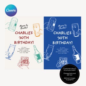 May include: A white and blue birthday invitation with a hand-drawn illustration of people toasting with beer, wine, and whiskey glasses. The text reads "Cheers to Charlie! Charlie's 30th Birthday!" with the date and RSVP information below.