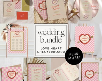 Retro Wedding Invitation Template Bundle, Hand Drawn Wedding Suite, Unique Wedding Invite Design, Checkerboard 003 (Editable in Canva)